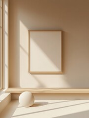 Minimalist Interior Design Featuring Wooden Shelf And Blank Frame