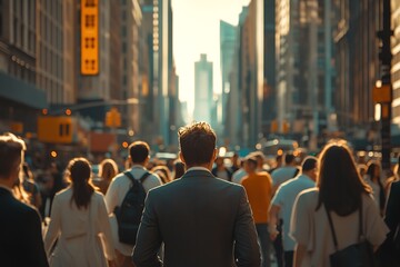 Anonymous Dark-Haired Man, Cityscape Perspective, Golden Hour Blur