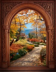 Obraz premium photography backdrop with magical fairytale feel and warm colours, an archway frame with enchanted garden landscape background 