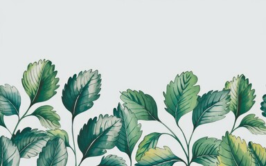 Naklejka premium Lush green leaf border. Watercolor foliage; serene, natural beauty; evokes tranquility and growth.