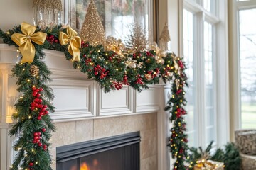 Christmas Fireplace Decor with Garland and Lights