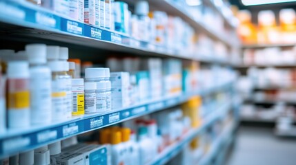 Colorful Array of Prescription Bottles and Medications on Pharmacy Shelf Display, Showcasing the Diversity of Pharmaceutical Products for Health and Wellness