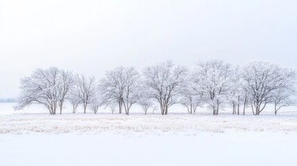 Obraz premium A serene winter landscape featuring a row of snow-covered trees against a white, overcast sky, creating a tranquil and peaceful atmosphere.