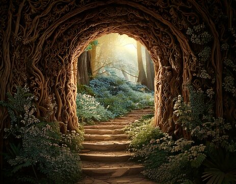 photography backdrop with magical fairytale feel and warm colours, an archway frame with enchanted garden landscape background 
