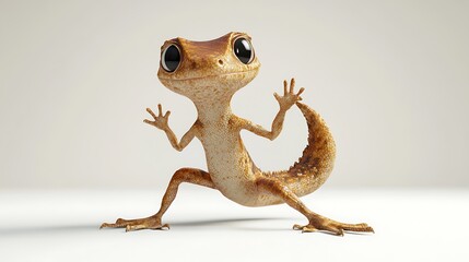 A gecko with its tail raised and body curved, creating an interesting pose against a plain white background