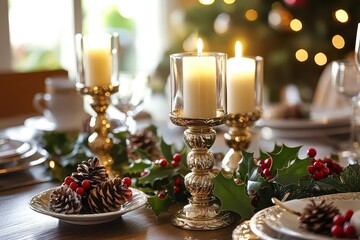 Candles & Pine Cones on a Festive Table