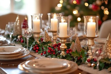 Elegant Holiday Table Setting with Candles and Greenery
