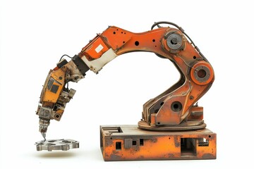 Fototapeta premium Rusty orange robotic arm machining metal part.