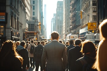 Obraz premium Anonymous Figures Journey Forward Sunlit Cityscape Energy
