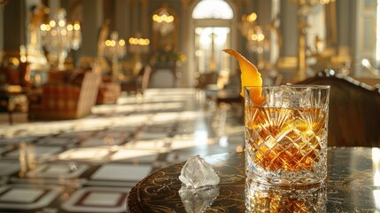 Luxurious cocktail in opulent palace interior.