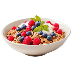 A delicious and healthy breakfast bowl filled with granola, yogurt, raspberries, and blueberries. The perfect start to your day!