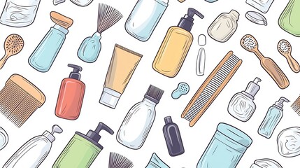 Seamless pattern featuring a collection of zero waste bathroom items  such as refillable containers  wooden combs  and other eco friendly accessories  arranged in a contemporary  minimalist design