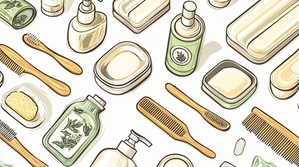 Seamless pattern featuring a collection of zero waste bathroom items such as refillable containers  wooden combs  and other eco friendly accessories
