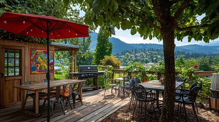 A wooden door with a colorful mural painted on it, adding a touch of whimsy. 