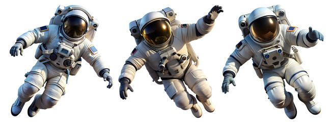 Set of Astronauts in spacesuit close-up isolated on transparent background. Cosmonaut in open hovering space.