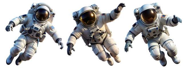 Set of Astronauts in spacesuit close-up isolated on transparent background. Cosmonaut in open hovering space.