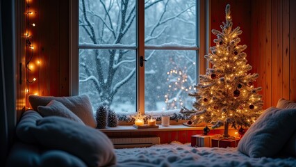 Cozy winter setting with a decorated Christmas tree, snowfall, and warm lights
