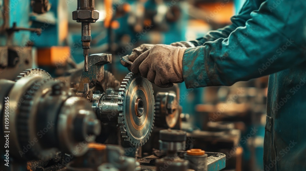 Poster close-up of a worker's hand adjusting a gear on a machine in a factory