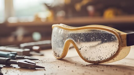 Close-Up of Safety Goggles on a Workbench Surrounded by Tools and Wood Shavings in a Carpentry Workshop Setting for DIY and Construction Projects