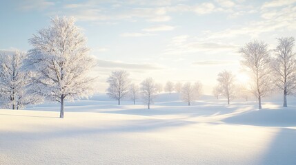 A serene winter landscape featuring snow-covered trees under a soft, bright sky, creating a peaceful, tranquil atmosphere.