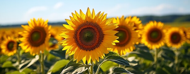 Fototapeta premium Visual storytelling photography narrative, Bright Sunflower Field Under Clear Sky