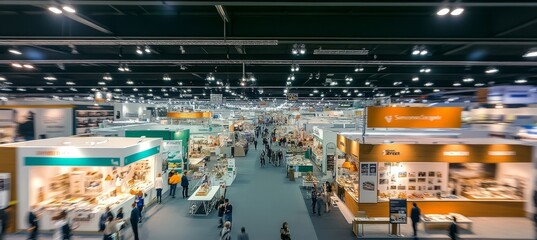 Blurred Crowded Trade Show Event, People Walking by Company Stands. Business Background