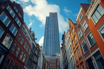 Naklejka premium Anonymous Man Among Skyscrapers Busy Street Perspective