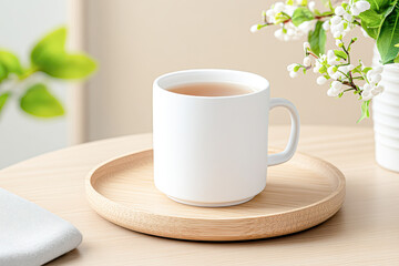 Enjoy a Refreshing Cup of Herbal Tea on a Stylish Wooden Tray in a Serene Setting