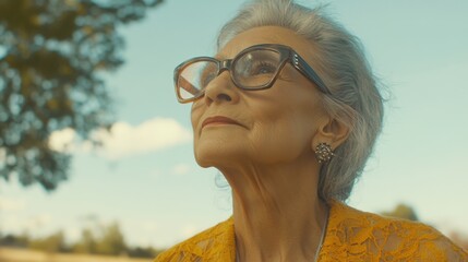 Elegant Senior Woman with Stylish Glasses Gazing Upwards Against a Clear Sky, Capturing Moments of Reflection and Beauty in Nature