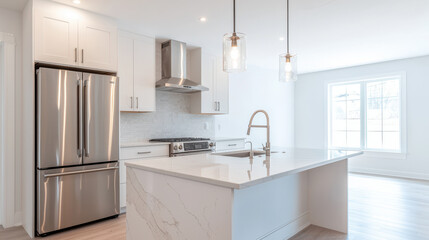 Modern kitchen with stainless steel appliances, marble countertops, and bright lighting. sleek design features spacious island and contemporary cabinetry, creating inviting atmosphere