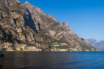 Limone Sul Garda, Italy - November 7, 2024: Landscape View of Lake Garda and mountains.