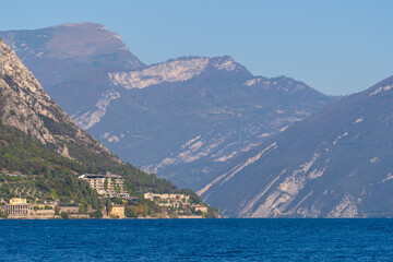 Limone Sul Garda, Italy - November 7, 2024: Landscape View of Lake Garda and mountains.