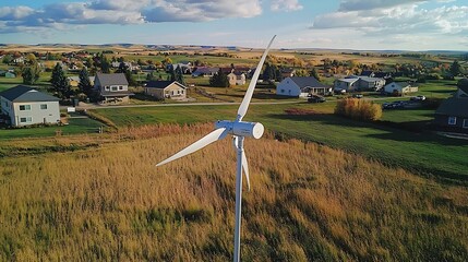Fototapeta premium Small scale wind turbine standing in a picturesque rural countryside landscape with lush green meadow rolling hills and cloudy blue sky in the background