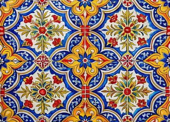 Intricate Traditional Spanish Tile Pattern with Vibrant Blue, Yellow, and Red Floral and Geometric Designs in Stunning Detail for a Captivating Visual Experience