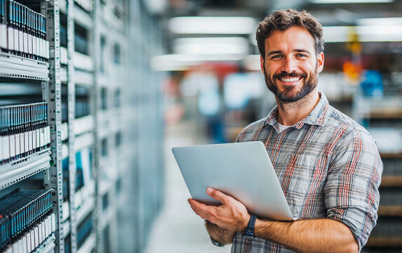 Portrait of a focused IT technician in a modern office, holding a laptop and a network cable, smiling at the camera.