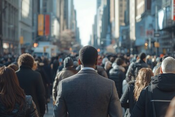 Anonymous Man in Gray Suit Walking Sunlit City Street