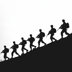 Obraz premium Silhouetted soldiers ascend hill, carrying rifles.