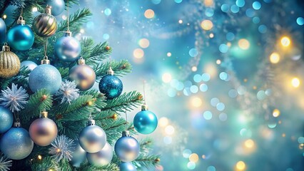 Fototapeta premium Light Blue New Year Horizontal Background with Christmas Tree, Colorful Christmas Balls, and Bokeh Effect for Festive Celebrations