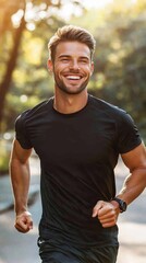 Fototapeta premium Energetic man in black t-shirt jogging through sun-dappled park, radiating positivity with a bright smile. Outdoor fitness and wellness lifestyle captured in warm, natural light.