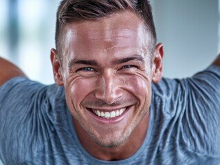 Fototapeta premium Happy man smiling joyfully. A joyful man radiates pure happiness, symbolizing positivity and well-being. His smile reflects contentment.