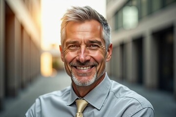 Fototapeta premium Confident Business Leader Smiling in a Bright Urban Professional Setting