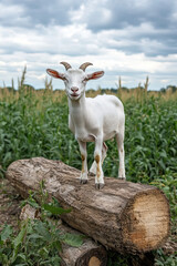 Obraz premium Goat standing on a log in a rural farm setting