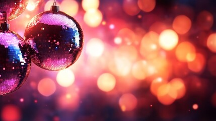 Fototapeta premium Disco ball ornaments shimmer and shine against a backdrop of warm, festive lights. A perfect image for holiday celebrations!