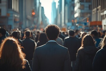 Obraz premium Anonymous Man in Suit, Dense City Crowd Moving Forward