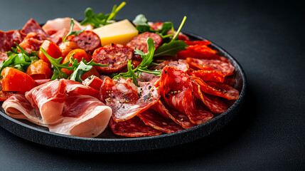 Delicious selection of spanish cured meats, cheese, and olives arranged on a stone serving board, perfect for sharing