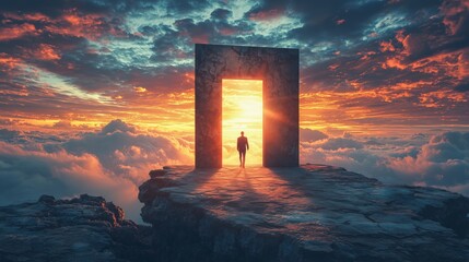 Fototapeta premium Surreal Scene of a Man Standing Before a Large Open Door on the Edge of a Cliff Against a Dramatic Sunset Sky Surrounded by Clouds