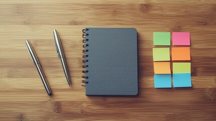 Overhead View of a Serene Workspace Featuring a Notebook and Colorful Sticky Notes on a Wooden Surface Ideal for Business and Organization Themes