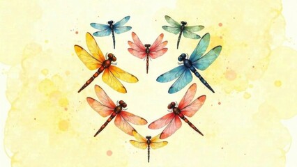 Heart of multi-colored dragonflies on a light yellow background