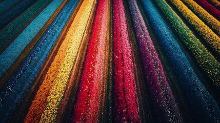 Vibrant and colorful overhead view of a blossoming flower field with a kaleidoscopic pattern of petals stretching out to the distant horizon  The rich