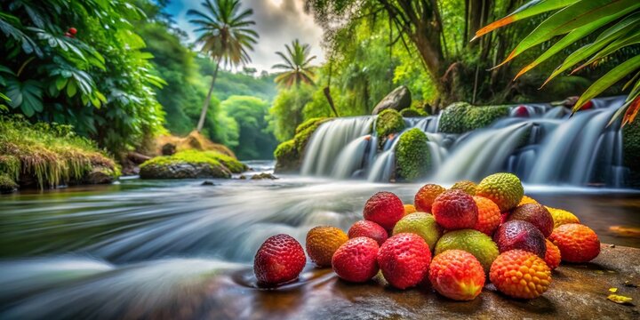 Long Exposure of Ilama Fruit with Vibrant Colors and Textures, Capturing the Essence of Tropical Delights in a Beautiful Natural Setting